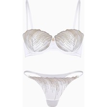 Simli Nakışlı Tül Sütyen Külot Takım - Kapsız - Fashion - 2584 - Ekru