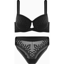 Çapraz Lastik Detaylı Dantelli Dekolte Sütyen Külot Takım - Dolgulu - Fashion - 2510 - Siyah