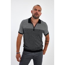 Erkek Polo Yaka Yarım Fermuarlı Kısa Kol Siyah Tişört