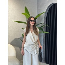 Yırtmaç Paça Keten Kimono Yelekli Takım