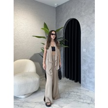 Yırtmaç Paça Keten Kimono Yelekli Takım