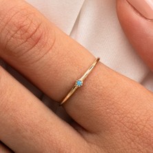 Fasek Gold 925 Ayar Minimal Tek Taş Gümüş Yüzük-0.05 CT Firuze Tek Taş Gümüş Yüzük-Firuze Eklem Yüzüğü