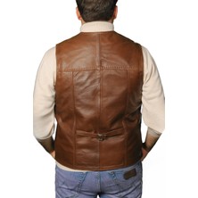 AsyaClub Texas Hakiki Deri Erkek Taba Punto Dikişli Yelek