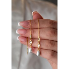 925 Ayar Gümüş Gold Sallantılı Incili 2 Element Zincir Küpe