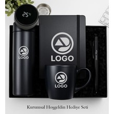 Bk Gift Kişiye Özel Logolu Siyah Dereceli Termos, Defter, Kupa ve Tükenmez Kalem Kurumsal Hediye Seti-1 | Kurumsal Welcome Kit, Yeni Iş Hediyesi