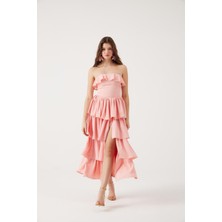 Straplez Fırfırlı Uzun Gracie Elbise Pembe