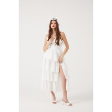 Straplez Fırfırlı Uzun Gracie Elbise Beyaz