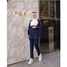 Aysu Lacivert Kadın Trend Yarım Patlı Gömlek Yaka Pantolon Takım AYSU-4265