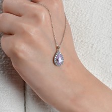 Swarovski Zirconia Tam Tur Damla Tek Taş Pink Kadın Kolye | 925K Gerçek Gümüş
