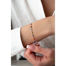 925 Ayar Gümüş Rose Sıralı Mix Renkli Nazar Göz Bileklik