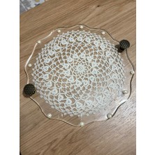 Epoksi Reçine Dantelli Tepsi - Dantel Detaylı Antik Kulplu Incili - Çap: 24 cm