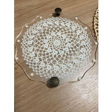 Epoksi Reçine Dantelli Tepsi - Dantel Detaylı Antik Kulplu Incili - Çap: 24 cm