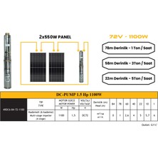 72 V Volt 1.5 Hp 1.1 Kw 1100 W Watt Dc Kademeli Dalgıç Solar Pompa 1100 Watt Güneş Paneli Solar Sulama Paket Sistem