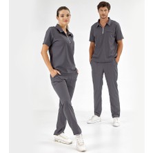 Çizgi Medikal Füme Polo Lüks Likra Scrubs Takım