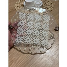 Epoksi Reçine Dantelli Tepsi - Kare Dantel Detaylı Şeffaf Incili - Çap: 25 cm