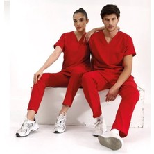 Çizgi Medikal Kırmızı Lüks Likralı Scrubs Greys Takım