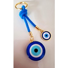 Hediyelik Çift Nazar Boncuklu Mavi Anahtarlık - Çanta Süsü - Çanta Charmı 11,5cm