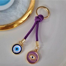 Hediyelik Çift Nazar Boncuklu Anahtarlık - Mor (10,5 Cm)