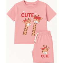 Kız Çocuk Zürafa Desenli Şortlu Pijama Takımı Pembe