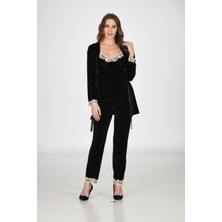 Siyah Kadife Sabahlık & Gecelik Takım 3' Lü - 1441