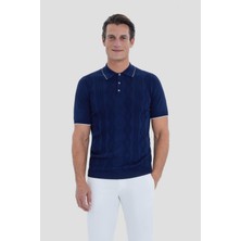 Sabri Özel Erkek Lacivert Polo Yaka Örgü Desenli T-Shirt