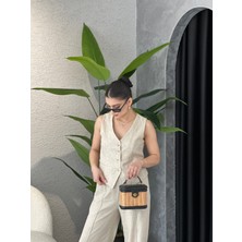 %100 Keten Yelek Pantolon Takım
