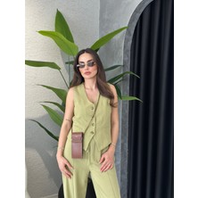 %100 Keten Yelek Pantolon Takım