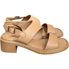 Nude Hakiki Deri Kalın Bant Yumuşak Taban Topuklu Sandalet