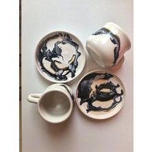 El Yapımı Seramik Fincan  Siyah & Beyaz / Sarı & Kırmızı / Sarı & Lacivert Akıtmalı Desenler ve Altın Yaldız Detaylı | 150 ml |