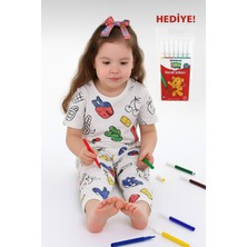 E Çocuk Özel Kalemli Boyanabilir Kısa Kollu Çocuk Pijama Takımı 012X