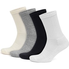 Gowith 4’lü Organik Pamuk Taban Altı Havlulu Erkek Kadın Spor Çorap, Siyah Beyaz Gri Ekru Soket Boy Tenis Çorabı, Ribana Örgü Dikişşiz Retro Çorap 3504