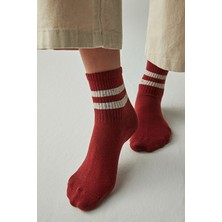 Bordo Beyaz  Şerit Desen Tenis Çorap