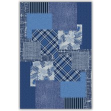 The Reef Design Mavi Geometrik Desenli Patchwork Halı Dekoratif Dijital Baskılı Dokuma Kaymaz Tabanlı Yıkanabilir Yazlık Halısı