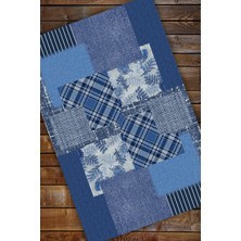 The Reef Design Mavi Geometrik Desenli Patchwork Halı Dekoratif Dijital Baskılı Dokuma Kaymaz Tabanlı Yıkanabilir Yazlık Halısı