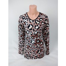 Kadın Siyah Krem  Kahverengi U Yaka Uzun Kollu Desenli Yırtmaçlı Dokuma Viskon Anne Penye Tişört