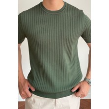 Erkek Haki Fitilli Slim Fit Bisiklet Yaka Triko T-Shirt