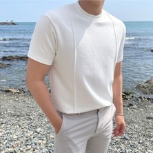 Siyah Erkek Yuvarlak Yaka 2 Çizgili Örme Triko T-Shirt