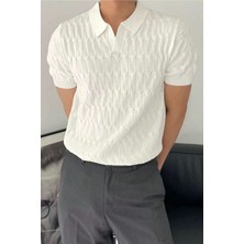 Erkek Beyaz Ince Saç Örgülü Slim Fit Polo Yaka Triko T-Shirt