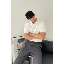 Erkek Beyaz Ince Saç Örgülü Slim Fit Polo Yaka Triko T-Shirt