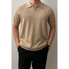 Erkek Camel Patlı Kısa Kollu Polo Yaka Triko T-Shirt