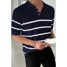 Erkek Lacivert Düğmeli Polo Yaka Çizgi Detaylı Slim Fit Triko T-Shirt