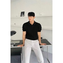 Erkek Siyah Ince Saç Örgülü Slim Fit Polo Yaka Triko T-Shirt