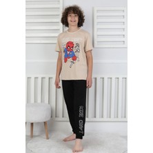 Erkek Çocuk Yazlık Kısa Kollu Baskılı Pijama Takımı %100 Pamuk 8-13 Yaş