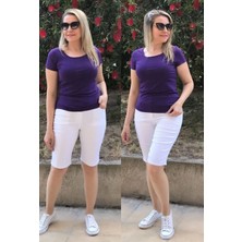 Beyaz Büyük Beden Beli Lastikli Ince Gabardin Şehir Boy Kot Şort