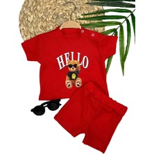 9-12-18-24 Ay Hello Gözlüklü Ayıcık Baskılı Şortlu Kısa Kollu Tişört 2li Erkek Bebek Takımı