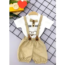 9-12-18-24 Ay Papyon Detaylı Keten Şort Salopet Tişörtlü 2li Erkek Bebek Takımı