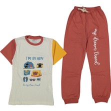 Erkek Çocuk Ekru Turuncu Kamp Baskılı Pijama Takımı - 1013846