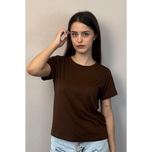 Viskon Dökümlü Tişört-Kahverengi