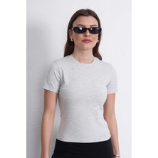 Crop Slim Fit Pamuk Likra Tişört-Kar Melanj