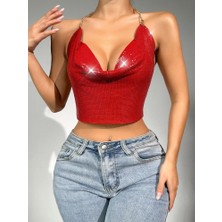 Parlak Kırmızı Crop & Bluz Kolsuz Kayık Yaka Zırh Büstiyer